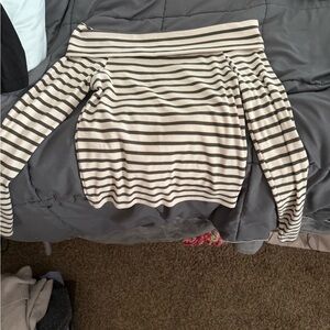 American Eagle Outfitters Olive green and Cream Striped off the shoulder shirt